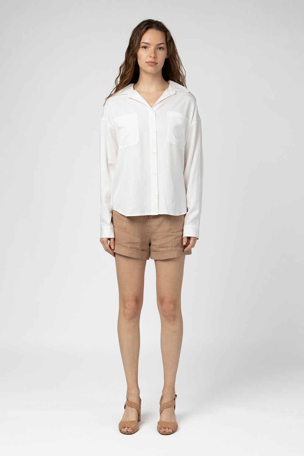 White oversized button front drop shoulder blouse #color_white