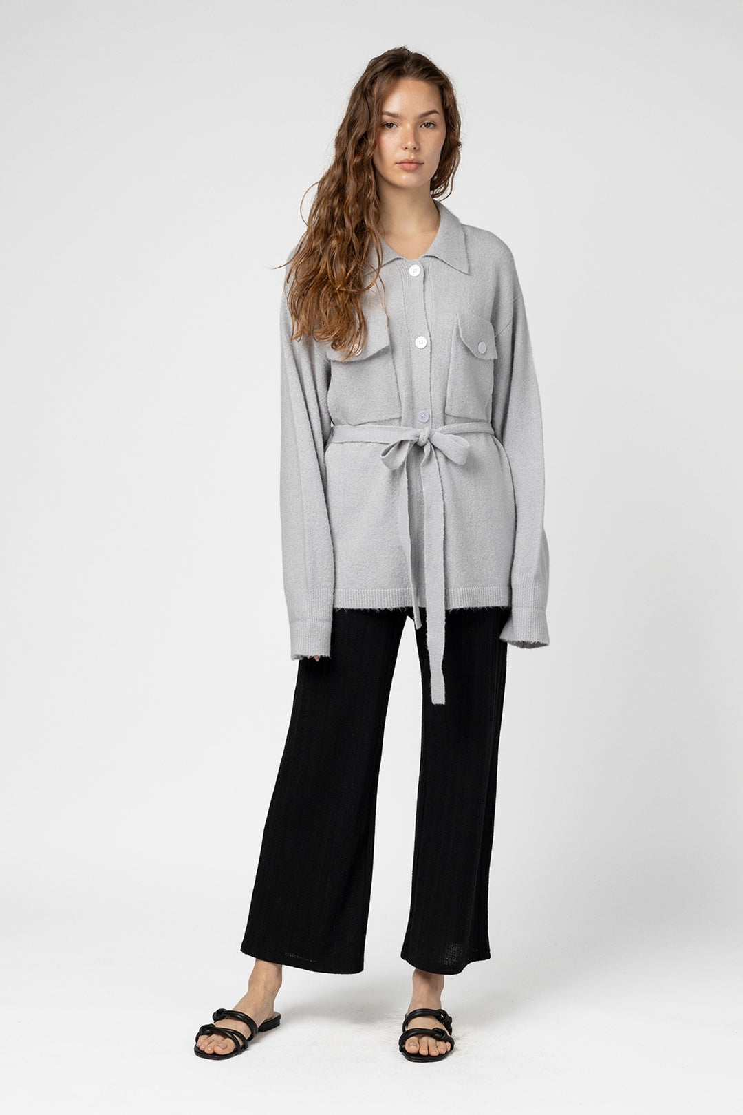 soft knit tie waist button front pocket detail cardigan#color_cloud-grey
