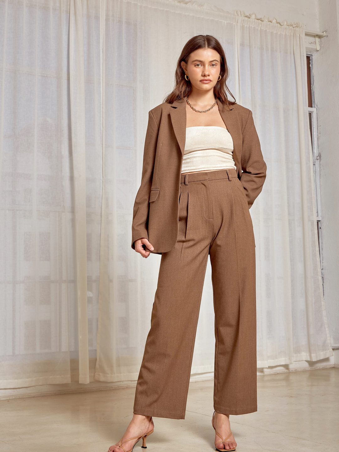  Brown wide leg loose trouser pants with matching blazer jacket#color_coffee