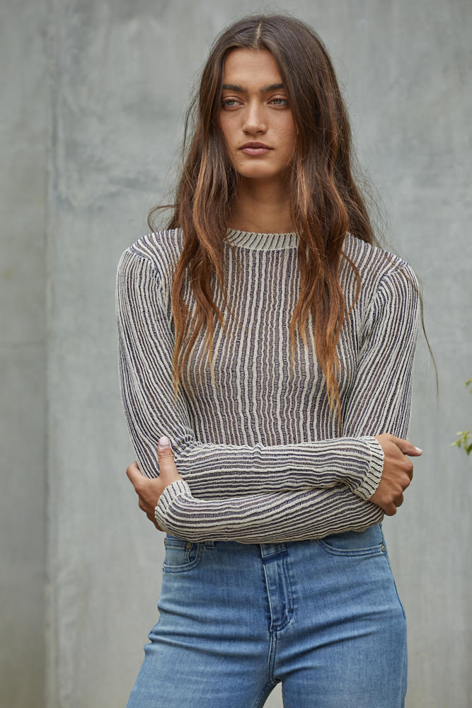 ribbed long sleeve striped sweater #color_multi-navy