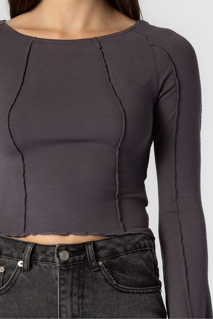 Exposed seam boat neck crop top #color_charcoal