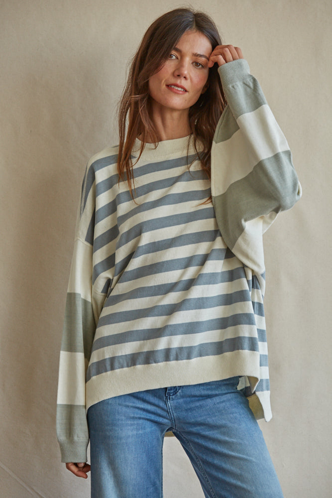 oversized striped long sleeve sweater #color_blue-ivory