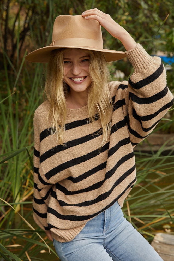 Striped Knit Oversized Sweater#color_black-brown